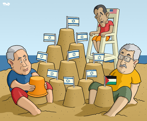 Cartoon: Israeli settlement policy (medium) by Tjeerd Royaards tagged obama,netanyahu,abbas,israel,palestine,united,states,washington,jerusalem,barack obama,usa,washington,jerusalem,barack,obama