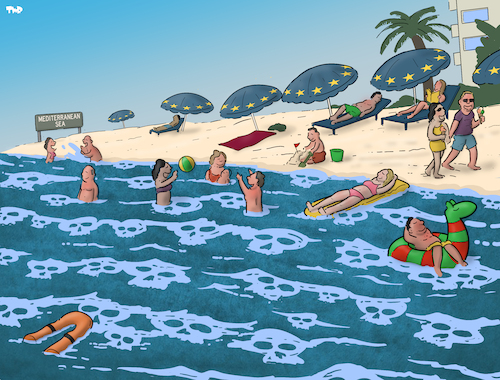 Cartoon: Mediterranean Sea (medium) by Tjeerd Royaards tagged migrants,refugees,mediterranean,drowning,vacation,holiday,migrants,refugees,mediterranean,drowning,vacation,holiday