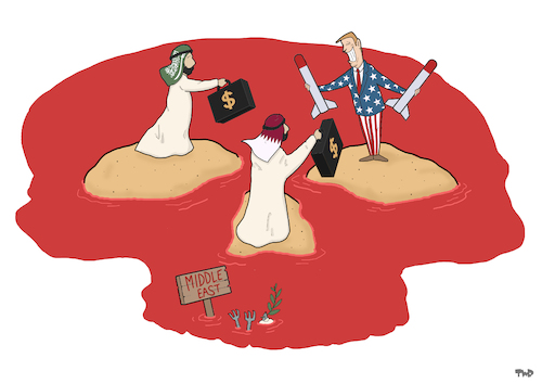Cartoon: Middle East Weapon Deals (medium) by Tjeerd Royaards tagged us,qatar,saudi,arabia,weapons,terrorism,blood,war,peace,money,dollar,us,qatar,saudi,arabia,weapons,terrorism,blood,war,peace,money,dollar