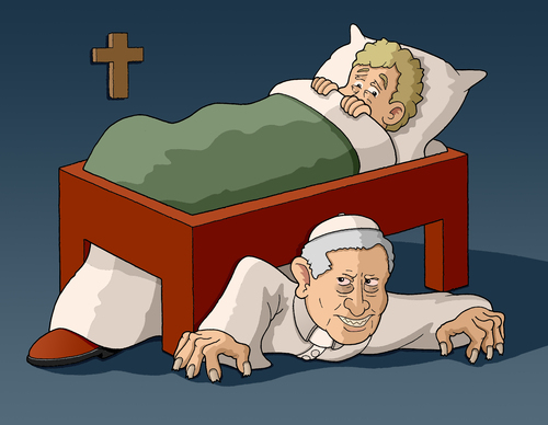 Cartoon: Monster under the bed (medium) by Tjeerd Royaards tagged pope,catholicism,church,religion,abuse,celibacy,papst,ratzinger,benedikt,kirche,religion,glaube,skandal,sexueller missbrauch,mißbrauch,kinder,jugend,sexueller,missbrauch