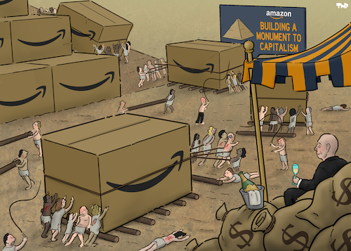 Cartoon: Monument to capitalism (medium) by Tjeerd Royaards tagged jeff,bezos,capitalism,rich,wealth,greed,amazon,exploitation,jeff,bezos,capitalism,rich,wealth,greed,amazon,exploitation