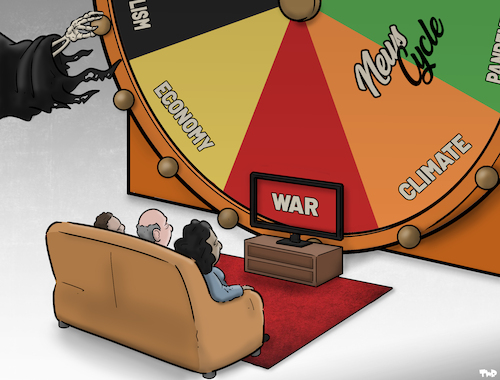 Cartoon: The news cycle (medium) by Tjeerd Royaards tagged news,cycle,journalism,tv,television,war,economy,climate,crisis,doom,news,cycle,journalism,tv,television,war,economy,climate,crisis,doom