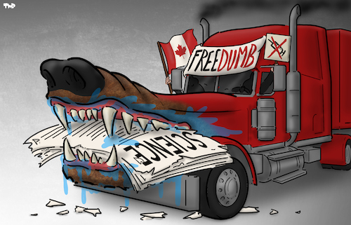 Cartoon: Trucker protests in Canada (medium) by Tjeerd Royaards tagged canada,vaccine,restrictions,freedom,science,ottowa,canada,vaccine,restrictions,freedom,science,ottowa