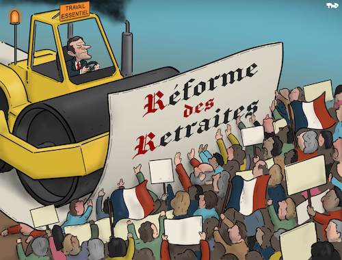 Cartoon: Turmoil in France (medium) by Tjeerd Royaards tagged macron,france,pension,age,reform,protest,macron,france,pension,age,reform,protest
