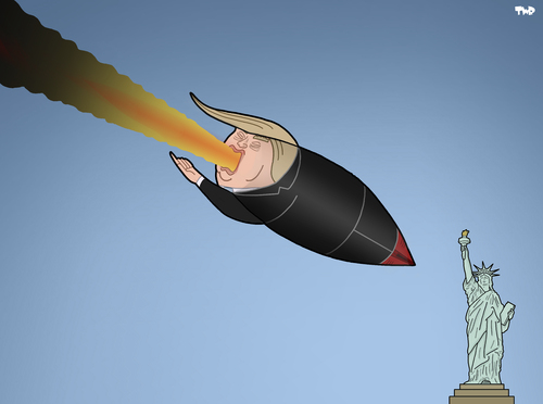 Cartoon: Unstoppable (medium) by Tjeerd Royaards tagged trump,liberty,freedom,missile,rocket,projectile,statue,rakete,bombe