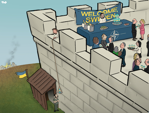 Cartoon: Welcome Sweden! (medium) by Tjeerd Royaards tagged nato,ukraine,sweden,zelensky,nato,ukraine,sweden,zelensky