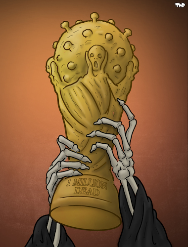 Cartoon: World Cup (medium) by Tjeerd Royaards tagged corona,virus,pandemic,death,toll,victims,grim,reaper,corona,virus,pandemic,death,toll,victims,grim,reaper