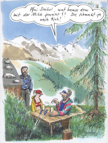 Cartoon: 99.057. pfui deibel (medium) by woessner tagged berge,bauer,stadt,land,konsum,milch,kuh,tiere,berge,berg,gebirge,alm,bauer,geschmack,schmecken,gewohnt,ungewohnt,gewohnheit,landschaft,natur,stadt,stadtmensch,land,konsum,milch,kuh,tiere,melken,frisch,getränk,lebensmittel,trinken,nahrung,beschweren,beschwerde,wandern,wanderer,tourismus,touristen,essen,eklig,walking,walken,wellness,klettern,trecken,trecking,fitness,konsumgesellschaft,biologisch,biosphäre,biotop,veganer,grüne,ökos,alternative,tierschutz,tierversuche,überflussgesellschaft,umwelt,lebensmittelskandal,lebensmittelkrise,lebensmittelvergiftung,lebensmittelrecht,verbrauchsdatum,fleischskandal,rohstoffe,lebensmittelzusätze,giftstoffe,pestizide,kontamination,verbraucherschutz,verdorben,verbraucher,konsument