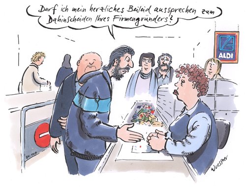 Cartoon: Aldi Firmengründer (medium) by woessner tagged aldi,firmengründer,albrecht,tod,kondulenz,kondulieren,mitgefühl,mitarbeiter,kassierer,einkaufen,supermarkt,discounter,aldi,firmengründer,albrecht,tod,kondulenz,kondulieren,mitgefühl,mitarbeiter,kassierer,einkaufen,supermarkt,discounter