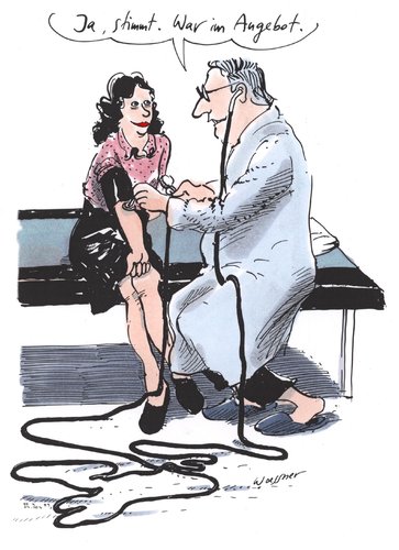 Cartoon: angebot (medium) by woessner tagged angebot,pulsmesser,arzt,patientin,untersuchung,diagnose,konsum,kaufrausch,billig,quantität,qualität,preis,lesitung,medizin,blutdruck,pritsche,angebot,pulsmesser,arzt,patientin,untersuchung,diagnose,konsum,kaufrausch,billig,quantität,qualität,preis,lesitung,medizin,blutdruck,pritsche