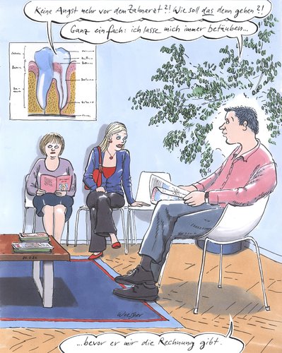 Cartoon: angst vorm zahnarzt (medium) by woessner tagged angst,vor,zahnarzt,medizin,gesundheit,kosten,krankenkasse,armut,versicherung,patient,wartezimmer,betäubung,narkose,rechnung,angst,zahnarzt,medizin,gesundheit,krankenkasse,kosten,versicherung,patient,wartezimmer,betäubung,narkose,rechnung