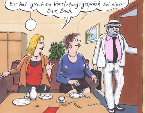 Cartoon: bad bank (medium) by woessner tagged bad,bank,finanzkrise,wirtschaft,bewerbung,arbeitsplatz,bad bank,banken,finanzkrise,wirtschaft,bewerbung,arbeitsplatz,job,beruf,wirtschaftskrise,vogestellungsgespräch,bewerben,jobsuche,mafia,gangster,bad,bank