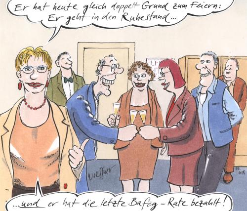 Cartoon: bafög-rate (medium) by woessner tagged bafög,uni,studium,stipendium,ausbildung,ruhestand,pension,rente,feier,büro,arbeit,kollegen,trinken,geld,bafög,uni,universität,student,studium,stipendium,ausbildung,lehre,wissen,bildung,förderung,geld,abzahlen,abzahlung,raten,auf raten,zurückzahlen,kredit,schulden,ruhestand,pension,rente,rentner,renteempfänger,alter,alt,leben,staatliche förderung,fördersatz,bundesministerium,auf,staatliche