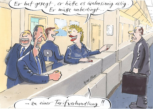 Cartoon: Bahn Tarifverhandlung (medium) by woessner tagged cartoons,karikaturen,woessner,gewerkschafter,arbeitgeber,tarifpartner,verhandlungspartner,bund,verwaltung,dienstleistung,arbeitskampf,arbeitsniederlegung,warnstreik,bahn,tarifverhandlung,streik,gewerkschaft,verdi,flächentarif,eisenbahnergewerkschaft,lokomotivführergewerkschaft,eisenbahn,verkehr,nahverkehr,öpnv,öffentlicher,personennahverkehr,die,öffentlichen,cartoons,karikaturen,woessner,gewerkschafter,arbeitgeber,tarifpartner,verhandlungspartner,bund,verwaltung,dienstleistung,arbeitskampf,arbeitsniederlegung,warnstreik,bahn,tarifverhandlung,streik,gewerkschaft,verdi,flächentarif,eisenbahnergewerkschaft,lokomotivführergewerkschaft,eisenbahn,verkehr,nahverkehr,öpnv,öffentlicher,personennahverkehr,die,öffentlichen