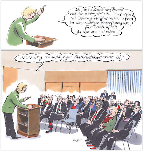 Cartoon: Bedarfsprognose (medium) by woessner tagged freimut,woessner,karikaturen,cartoons,rede,ansprache,bildungspolitikerinnen,schätzung,zukünftig,zukunft,bedarf,bildungswesen,bedarfsprognose,zahl,der,lehrkräfte,bildungspolitik,bildung,schule,unterricht,kleine,klassen,schulunterricht,lehrer,lehrerinnen,kmk,kultusministerkonferenz,mathe,mathematikunterricht,freimut,woessner,karikaturen,cartoons,rede,ansprache,bildungspolitikerinnen,schätzung,zukünftig,zukunft,bedarf,bildungswesen,bedarfsprognose,zahl,der,lehrkräfte,bildungspolitik,bildung,schule,unterricht,kleine,klassen,schulunterricht,lehrer,lehrerinnen,kmk,kultusministerkonferenz,mathe,mathematikunterricht