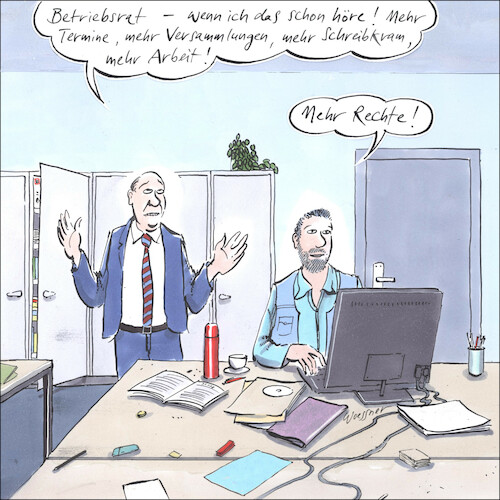 Cartoon: Betriebsrat Rechte (medium) by woessner tagged cartoons,karikaturen,woessner,interessenkonflikt,klassenkampf,wirtschaft,betrieb,unternehmen,wirtschaftsinteressen,arbeitnehmervertretung,mitbestimmung,betriebliche,arbeitsrecht,arbeitsplatz,betriebsrat,rechte,verpflichtungen,zusatzbelastungen,termine,meetings,versammlungen,gewerkschaft,gewerkschaftliche,interessenvertretung,arbeitskampf,streik,cartoons,karikaturen,woessner,interessenkonflikt,klassenkampf,wirtschaft,betrieb,unternehmen,wirtschaftsinteressen,arbeitnehmervertretung,mitbestimmung,betriebliche,arbeitsrecht,arbeitsplatz,betriebsrat,rechte,verpflichtungen,zusatzbelastungen,termine,meetings,versammlungen,gewerkschaft,gewerkschaftliche,interessenvertretung,arbeitskampf,streik