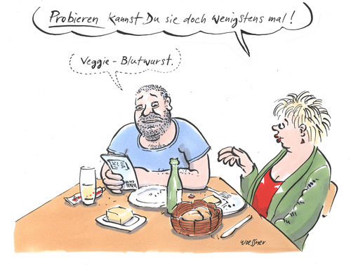 Cartoon: Blutwurst (medium) by woessner tagged woessner,karikatur,cartoon,schweinefleisch,ekel,nachahmung,gewöhnung,geschmack,imitation,tierhaltung,vegetarismus,ernährungsgewohnheit,reformhaus,bioladen,tiergerecht,blutwurst,vegetarisch,veggie,vegan,ernährung,fleisch,konsum,carnivoren,fleischproduktion,massentierhaltung,bio,biologisch,umwelt,umweltfreundlich,ökologisch,ökologie,tierschutz,artgerecht,woessner,karikatur,cartoon,schweinefleisch,ekel,nachahmung,gewöhnung,geschmack,imitation,tierhaltung,vegetarismus,ernährungsgewohnheit,reformhaus,bioladen,tiergerecht,blutwurst,vegetarisch,veggie,vegan,ernährung,fleisch,konsum,carnivoren,fleischproduktion,massentierhaltung,bio,biologisch,umwelt,umweltfreundlich,ökologisch,ökologie,tierschutz,artgerecht