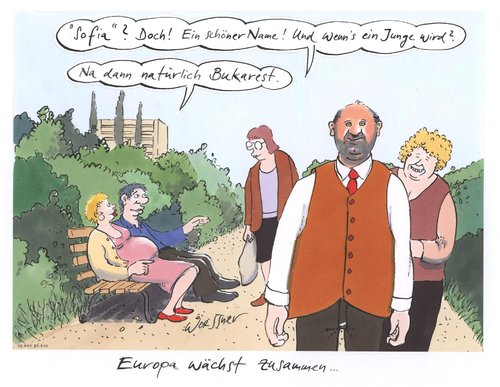 Cartoon: Bukarest (medium) by woessner tagged namensgebung,geburt,schwangerschaft,osterweiterung,osteuropa,ethnien,vielvölkerstaat,multikulti,völkerverständigung,europawahlen,bukarest,sofia,sofia,bukarest,europawahlen,völkerverständigung,multikulti,vielvölkerstaat,ethnien,osteuropa,osterweiterung,schwangerschaft,geburt,namensgebung