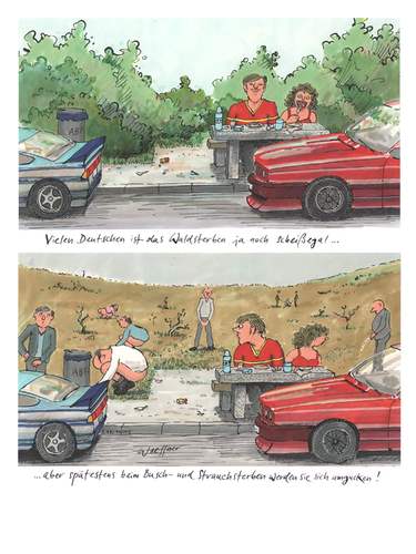 Cartoon: Busch und Strauchsterben (medium) by woessner tagged busch,strauch,wald,waldsterben,autobahn,parkplatz,toilette,egal,gleichgültig,klima,umwelt,abgase,busch,strauch,wald,waldsterben,autobahn,parkplatz,toilette,egal,gleichgültig,klima,umwelt,abgase,autos,verkehr,naturschutz