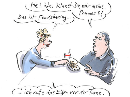 Cartoon: Foodsharing (medium) by woessner tagged freimut,woessner,obdachlose,gesellschaftliches,abseits,klassen,unterschiede,dick,fett,dickleibigkeit,fettleibigkeit,fresssucht,verteilung,pommes,restaurant,fast,food,burger,ernährung,sharing,essen,nahrungsmittel,armut,reichtum,obdachlosigkeit,soziale,ungerechtigkeit,frage,gesellschaft,unterernährung,hunger,übersättigung,überfluss,teilen,teilhabe,freimut,woessner,obdachlose,gesellschaftliches,abseits,klassen,unterschiede,dick,fett,dickleibigkeit,fettleibigkeit,fresssucht,verteilung,pommes,restaurant,fast,food,burger,ernährung,sharing,essen,nahrungsmittel,armut,reichtum,obdachlosigkeit,soziale,ungerechtigkeit,frage,gesellschaft,unterernährung,hunger,übersättigung,überfluss,teilen,teilhabe