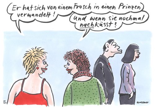 Cartoon: Froschkönig (medium) by woessner tagged froschkönig,prinz,prinzessin,liebe,kuss,hässlich,schönheit,verwandlung,metamorphose,klatsch,tratsch,mobbing,froschkönig,prinz,prinzessin,liebe,kuss,hässlich,schönheit,verwandlung,metamorphose,klatsch,tratsch,mobbing