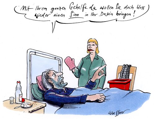 Cartoon: Gehelfe (medium) by woessner tagged gehelfe,sinn,hilfe,helfersyndrom,krankenschwester,patient,krankenhaus,pflege,philosophie,religion,gehelfe,sinn,hilfe,helfersyndrom,krankenschwester,patient,krankenhaus,pflege,philosophie,religion