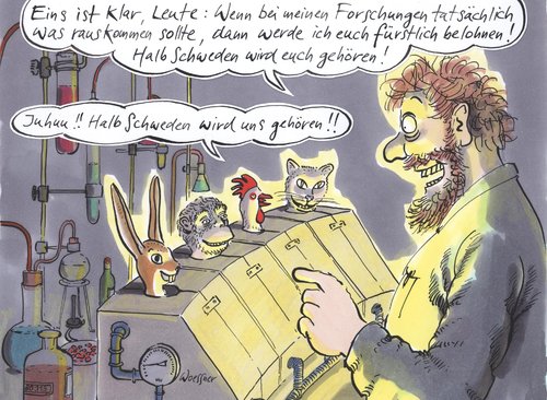 Cartoon: halb Schweden (medium) by woessner tagged halb,schweden,tierversuche,belohnung,besitz,forschung,ergebnis,pharma,medizin,wissenschaft,moral,qual,seele,einfühlung,halb,schweden,tierversuche,belohnung,besitz,forschung,ergebnis,pharma,wissenschaft,moral,qual,seele,einfühlung,fortschritt,wissenschaftler,forscher,tiere,naturschutz,tierschutz,folter