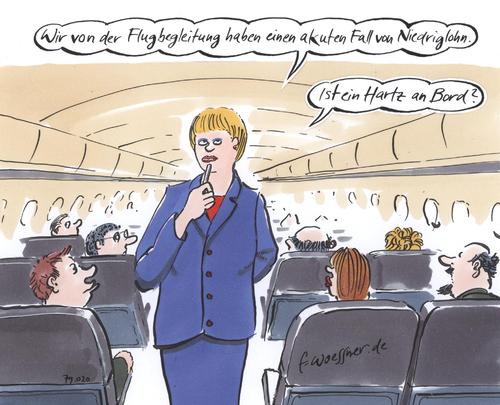 Cartoon: hartz an bord (medium) by woessner tagged hartz,armut,niedriglohn,mindestlohn,flugzeug,flugpersonal,flugbegleiter,stewardess,lohndumping,hartz,armut,niedriglohn,flugzeug,flugbegleiter,stewardess,lohndumping,angela merkel,arbeit,job,arbeitslosigkeit,arbeitslos,angela,merkel