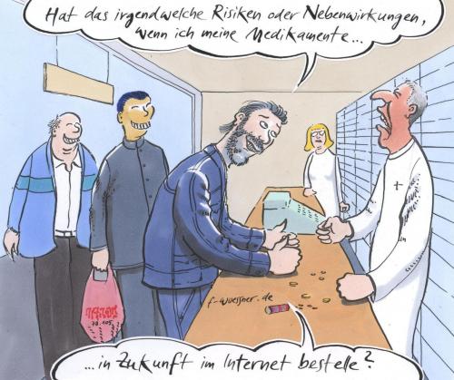 Cartoon: internetapotheke (medium) by woessner tagged internet,apotheke,pc,it,medizin,pharmazie,medikament,krankenkasse,rezept,patient,sparsamkeit,schnäppchen,ironie,ärger,internetapotheke,internet,apotheke,pc,computer,rechner,online,medizin,pharmazie,medikamente,krankenkasse,rezept,patient,schnäppchen,risiken,risiko,nebenwirkung,gesundheit,gefahr,günstig,kaufen,onlineshop,bestellen,bestellung,krankheit