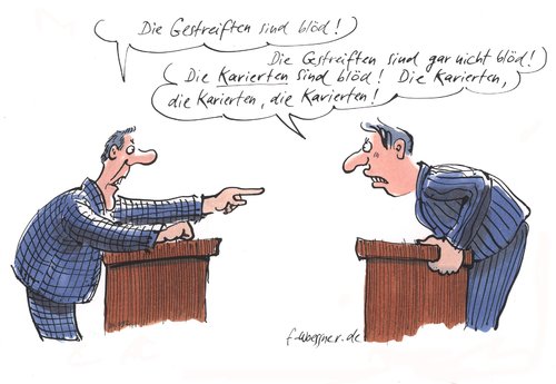 Cartoon: karierte sind blöd (medium) by woessner tagged gestreifte,karierte,streit,kampf,diskussion,politik,dialog,gegner,tv,fernsehen,medien,argument,vorurteil,gestreifte,karierte,streit,diskussion,kampf,politik,dialog,gegner,fernsehen,medien,vorurteil,argument