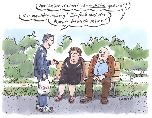 Cartoon: körper baumeln (medium) by woessner tagged körper,baumeln,lassen,all,inclusiv,urlaub,ferien,reise,konsum,fettleibigkeit,essen,trinken,körper,baumeln,lassen,all,inclusiv,urlaub,ferien,reise,konsum,fettleibigkeit,essen,trinken