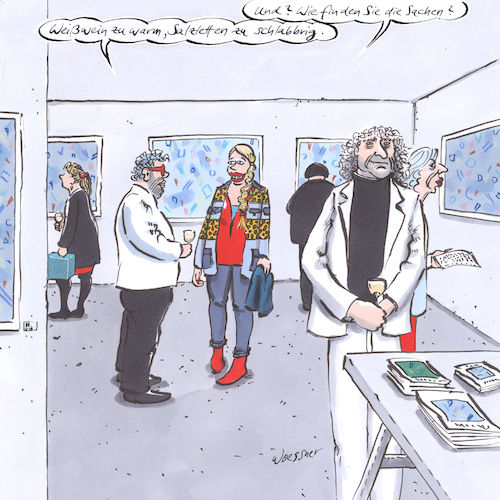 Cartoon: Kunstkritik (medium) by woessner tagged freimut,woessner,karikaturen,cartoons,wein,salzletten,weißwein,smalltalk,kritik,mäkelei,kunstkritik,vernissage,bewirtung,bildende,kunst,ausstellung,ausstellungseröffnung,galerie,galeristen,finissage,kunstpublikum,künstler,getue,boheme,bohemien,freimut,woessner,karikaturen,cartoons,wein,salzletten,weißwein,smalltalk,kritik,mäkelei,kunstkritik,vernissage,bewirtung,bildende,kunst,ausstellung,ausstellungseröffnung,galerie,galeristen,finissage,kunstpublikum,künstler,getue,boheme,bohemien