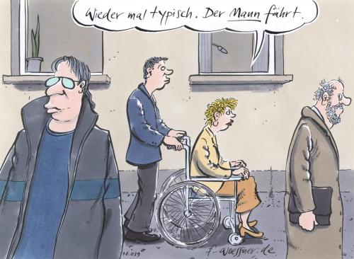 Cartoon: mann fährt (medium) by woessner tagged mann,frau,beziehung,gesellschaft,geschlechterrolle,vorurteil,behinderung,rollstuhl,,mann,frau,beziehung,paar,geschlechterrolle,geschlechter,vorurteile,behinderung,rollstuhl,schieben,rollen,unterschied,behindert,auto,fahren,verbundenheit,gemeinschaft,lebensbund,bündnis,rollenspiel,rollentausch,rollenwechsel,emanzipation,diskriminierung,beziehungsprobleme,beziehungsstreit,beziehungsstress,beziehungskiste,trennung,neue väter,rollenbild,rollenverteilung,familienbild,partnerschaft,hausmann,neue,väter