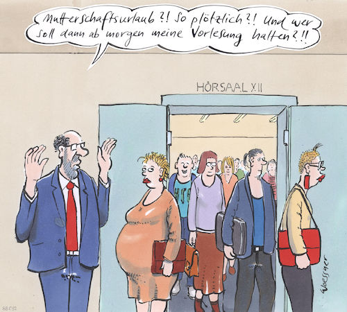 Cartoon: Mutterschaftsurlaub (medium) by woessner tagged freimut,woessner,karikaturen,cartoons,gender,mann,frau,männlich,weiblich,typisch,beziehung,ehe,ehepaar,zukunft,zukunftsplanung,klassen,gesellschaft,sozial,arm,reich,einkommen,lohn,mutterschaftsurlaub,professor,assistentin,uni,vorlesung,studenten,studierende,professur,lehrauftrag,lehrbeauftragter,prof,universität,hochschule,schwangerschaft,schwanger,freimut,woessner,karikaturen,cartoons,gender,mann,frau,männlich,weiblich,typisch,beziehung,ehe,ehepaar,zukunft,zukunftsplanung,klassen,gesellschaft,sozial,arm,reich,einkommen,lohn,mutterschaftsurlaub,professor,assistentin,uni,vorlesung,studenten,studierende,professur,lehrauftrag,lehrbeauftragter,prof,universität,hochschule,schwangerschaft,schwanger