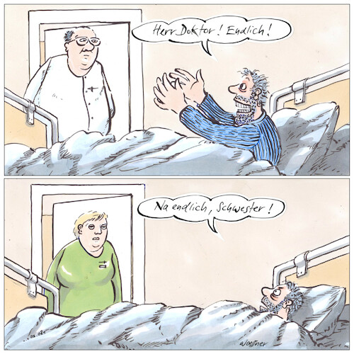 Cartoon: Na endlich Schwester (medium) by woessner tagged cartoon,karikatur,woessner,medizin,arzt,visite,patient,kranker,gesunder,krankheit,gesundheit,gleichbehandlung,akademiker,pflegepersonal,akademischer,grad,ausbildung,bildung,universität,hochschule,promoviert,herr,doktor,stand,ansehen,prestige,image,krankenschwester,krankenhauspersonal,missachtung,augenhöhe,anrede,willkommensfreude,abhängigkeit,aufblicken,krankenhaus,krankenhausbett,krankenbett,cartoon,karikatur,woessner,medizin,arzt,visite,patient,kranker,gesunder,krankheit,gesundheit,gleichbehandlung,akademiker,pflegepersonal,akademischer,grad,ausbildung,bildung,universität,hochschule,promoviert,herr,doktor,stand,ansehen,prestige,image,krankenschwester,krankenhauspersonal,missachtung,augenhöhe,anrede,willkommensfreude,abhängigkeit,aufblicken,krankenhaus,krankenhausbett,krankenbett