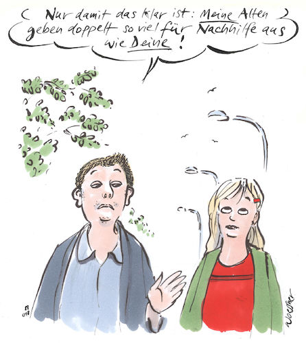 Cartoon: Nachhilfe Kosten (medium) by woessner tagged freimut,woessner,karikaturen,cartoons,flirt,arrogant,arroganz,hochnäsig,bildungsgerechntigkeit,armut,reichtum,einkommen,bildungsnah,bildungsfern,eltern,familie,förderung,nachhilfe,angeber,statussymbol,soziale,unterschiede,arm,reich,bildung,jugendliche,schüler,angeben,anbaggern,eindruck,schinden,beeindrucken,schule,ausbildung,lehrer,lernen,freimut,woessner,karikaturen,cartoons,flirt,arrogant,arroganz,hochnäsig,bildungsgerechntigkeit,armut,reichtum,einkommen,bildungsnah,bildungsfern,eltern,familie,förderung,nachhilfe,angeber,statussymbol,soziale,unterschiede,arm,reich,bildung,jugendliche,schüler,angeben,anbaggern,eindruck,schinden,beeindrucken,schule,ausbildung,lehrer,lernen