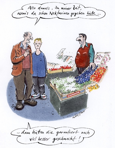 Cartoon: nektarinen damals (medium) by woessner tagged wenns,damals,nektarinen,umwelt,alter,jugend,pflanzen,obst,züchtung,kreuzung,markt,verkaufen,vergangenheit