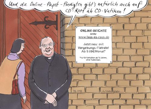 Cartoon: online predigt (medium) by woessner tagged cd,vatikan,beichte,it,computer,pc,kirche,religion,papst,predigt,online,online,predigt,papst,religion,kirche,pc,computer,beichte,vatikan