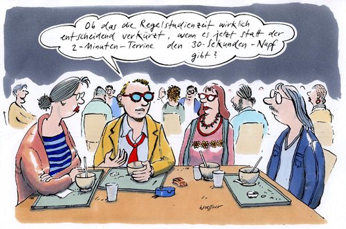 Cartoon: Regelstudienzeit (medium) by woessner tagged regelstudienzeit,minuten,terrine,napf,universität,studenten,studium,studierende,mensa,ausgabenkürzung,bildungsetat,bildungspolitik,regelstudienzeit,minuten,terrine,napf,universität,studenten,studium,studierende,mensa,ausgabenkürzung,bildungsetat,bildungspolitik