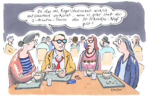 Cartoon: regelstudienzeit (medium) by woessner tagged regelstudienzeit,uni,ausbildung,studium,mensa,essen,studenten,regelstudienzeit,uni,ausbildung,studium,mensa,studenten,universität,studieren,bildung,wissen,studienzeit