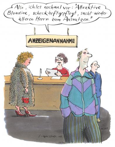 Cartoon: scheckheftgepflegt (medium) by woessner tagged attraktiv,blondine,werbung,anzeige,zeitung,alt,prostitution,attraktiv,blondine,werbung,anzeige,zeitung,alt,prostitution