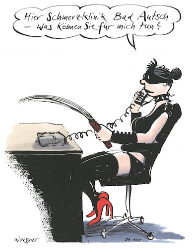 Cartoon: Schmerzklinik (medium) by woessner tagged woessner,karikaturen,cartoons,perversion,sexuell,sexualität,erotik,bonding,domina,herrscherin,herrschen,unterwerfen,unterwerfung,hilfe,empfang,empfangsdame,telefonieren,telefon,begrüßung,phrase,höflichkeit,schmerzklinik,bad,autsch,schmerztherapie,medizin,krankenhaus,sado,maso,schmerzen,leid,leiden,schmerzhafte,krankheit,kur,klinik,kurklinik,reha,sadismus,masochismus,quälen,qual,erleiden,genuss,erregung,woessner,karikaturen,cartoons,perversion,sexuell,sexualität,erotik,bonding,domina,herrscherin,herrschen,unterwerfen,unterwerfung,hilfe,empfang,empfangsdame,telefonieren,telefon,begrüßung,phrase,höflichkeit,schmerzklinik,bad,autsch,schmerztherapie,medizin,krankenhaus,sado,maso,schmerzen,leid,leiden,schmerzhafte,krankheit,kur,klinik,kurklinik,reha,sadismus,masochismus,quälen,qual,erleiden,genuss,erregung