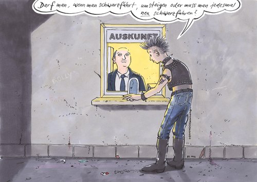 Cartoon: schwarzfahren (medium) by woessner tagged schwarzfahren,umsteigen,öffentliche,verkehrsmittel,öpnv,auskunft,tarif,punk,jugend,jura,juristisch,kontrolleur,schwarzfahren,umsteigen,öffentliche,verkehrsmittel,öpnv,auskunft,tarif,punk,jugend,jura,juristisch,kontrolleur