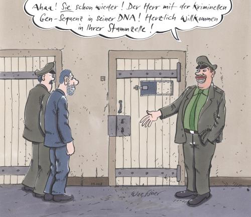 Cartoon: stammzelle (medium) by woessner tagged stammzelle,forschung,gentechnik,dna,erbgut,vererbung,kriminalität,gefängnis,knast,wachpersonal,gefängniswärter,delinquent,ironie,schicksal,täter,verbrecher,stammzelle,forschung,gentechnik,dna,erbgut,vererbung,kriminalität,gefängnis,knast,wachpersonal,gefängniswärter,delinquent,ironie,schicksal,täter,verbrecher