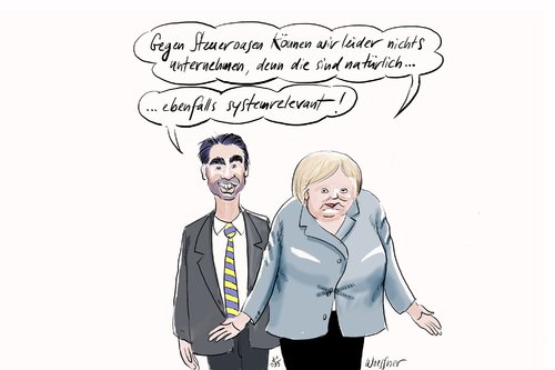 Cartoon: steueroase systemrelevant (medium) by woessner tagged steueroasen,systemrelevant,steuerparadies,finanzkrise,gerechtigkeit,steuerflucht,vermögen,schwarzgeld,geldwäsche,bank,merkel,rösler,steueroasen,systemrelevant,steuerparadies,finanzkrise,gerechtigkeit,steuerflucht,vermögen,schwarzgeld,geldwäsche,bank,merkel,rösler