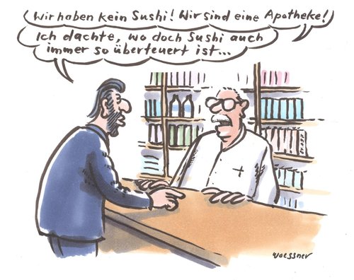 Cartoon: sushi (medium) by woessner tagged sushi,apotheke,verkauf,kunde,laden,medikamentenpreise,überteuert,wucher,pharmaindustrie,essen,restaurant,japan,sushi,apotheke,verkauf,kunde,laden,medikamentenpreise,überteuert,wucher,pharmaindustrie,essen,restaurant,japan