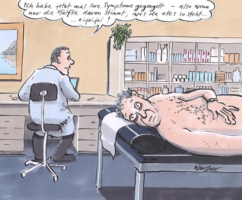 Cartoon: Symptome gegoogelt (medium) by woessner tagged symptome,gegoogelt,google,arzt,patient,diagnose,anamnese,gespräch,krankheit,internet,suchmaschine,pc,computeruser,ausbildung,wissen,information,symptome,gegoogelt,google,arzt,patient,diagnose,anamnese,gespräch,krankheit,internet,suchmaschine,pc,computeruser,ausbildung,wissen,information