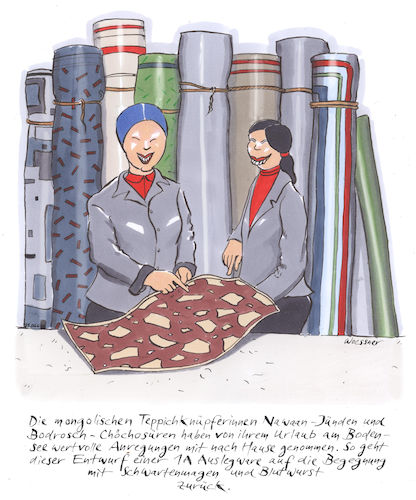 Cartoon: Teppichknüpferinnen (medium) by woessner tagged woessner,karikaturen,cartoons,mongolei,mongolisch,exotisch,webstuhl,weberinnen,teppichweberinnen,mitbringsel,reisetrophäe,formensprache,schwartenmagen,blutwurst,carnivoren,fleischesser,vegetarier,veganer,teppichknüpferinnen,urlaub,design,anregung,muster,teppich,auslegware,teppichboden,läufer,brücke,reise,ferien,inspiration,wurstwaren,würste,wurstsorten,fleisch,fleischprodukte,teppichmuster,woessner,karikaturen,cartoons,mongolei,mongolisch,exotisch,webstuhl,weberinnen,teppichweberinnen,mitbringsel,reisetrophäe,formensprache,schwartenmagen,blutwurst,carnivoren,fleischesser,vegetarier,veganer,teppichknüpferinnen,urlaub,design,anregung,muster,teppich,auslegware,teppichboden,läufer,brücke,reise,ferien,inspiration,wurstwaren,würste,wurstsorten,fleisch,fleischprodukte,teppichmuster