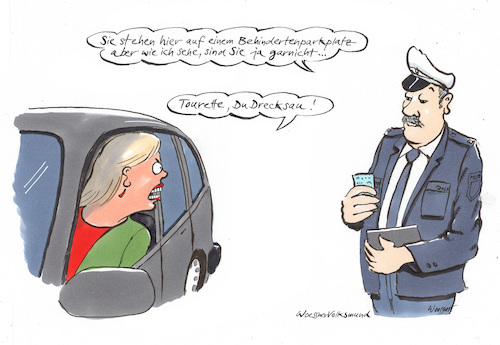 Cartoon: Tourette (medium) by woessner tagged cartoons,karikaturen,woessner,polizistinnen,politesse,ordnungsamt,knöllchen,führerschein,kfz,verkehr,auto,parken,parkplatzsuche,parkplatzmangel,stadt,metropole,verkehrspsychologie,tourette,beschimpfung,behindertenparkplatz,behinderung,polizei,strafzettel,zwangsneurose,besessenheit,kontrolle,kontrollverlust,psychische,störung,psychologie,psychose,psychiatrie,wutanfall,kraftwort,fluch,cartoons,karikaturen,woessner,polizistinnen,politesse,ordnungsamt,knöllchen,führerschein,kfz,verkehr,auto,parken,parkplatzsuche,parkplatzmangel,stadt,metropole,verkehrspsychologie,tourette,beschimpfung,behindertenparkplatz,behinderung,polizei,strafzettel,zwangsneurose,besessenheit,kontrolle,kontrollverlust,psychische,störung,psychologie,psychose,psychiatrie,wutanfall,kraftwort,fluch