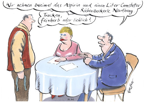 Cartoon: trocken feinherb lieblich (medium) by woessner tagged freimut,woessner,karikaturen,cartoons,cannstatter,zuckerle,weingut,weinsorte,genuss,konsum,süß,alkohol,trinken,sucht,beziehung,paar,kneipe,gaststätte,bestellung,trocken,feinherb,lieblich,wein,rebe,schoppen,winzer,rebsorte,panschen,verschnitt,gast,ober,kellner,aspirin,zucker,kopfweh,freimut,woessner,karikaturen,cartoons,cannstatter,zuckerle,weingut,weinsorte,genuss,konsum,süß,alkohol,trinken,sucht,beziehung,paar,kneipe,gaststätte,bestellung,trocken,feinherb,lieblich,wein,rebe,schoppen,winzer,rebsorte,panschen,verschnitt,gast,ober,kellner,aspirin,zucker,kopfweh